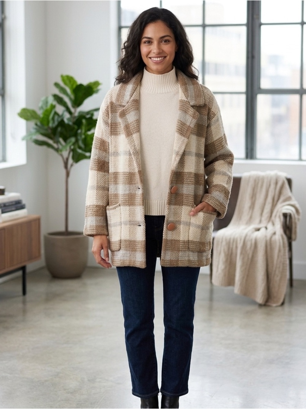 I.B. Diffusion Plaid Mohair Blend Winter Peacoat w/ Shoulder Pads Size Small